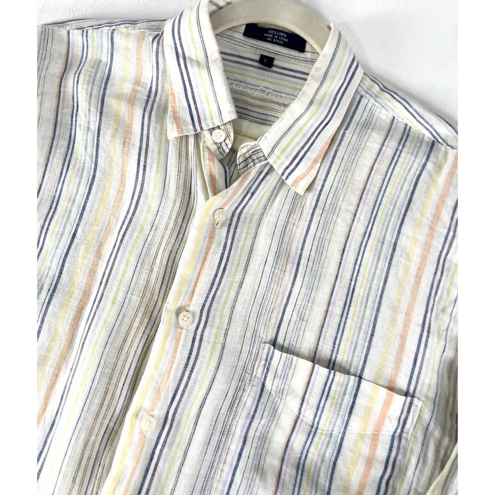 Alan Flusser Linen Button Down Shirt Men's Large Long Sleeve Lightweight‎ Stripe